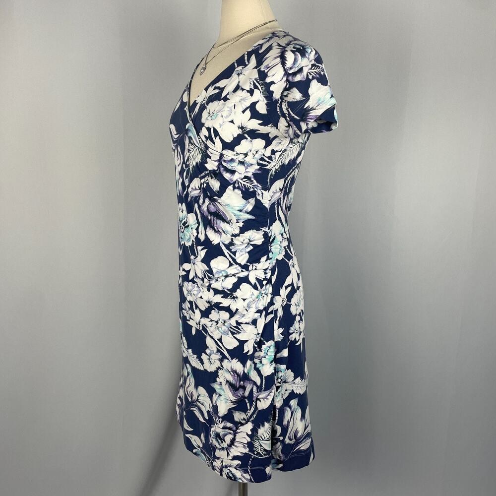 Soft Surroundings Shapely Faux Wrap Dress Medium Blue Floral Cotton Stretch Boho - Picture 6 of 12